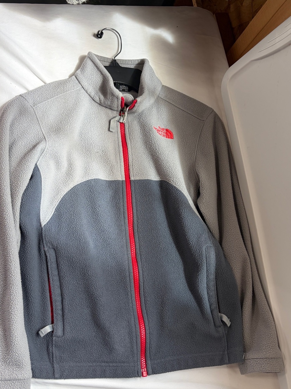 The North Face Kids Two-Tone Gray Fleece Jacket with Pink Trim